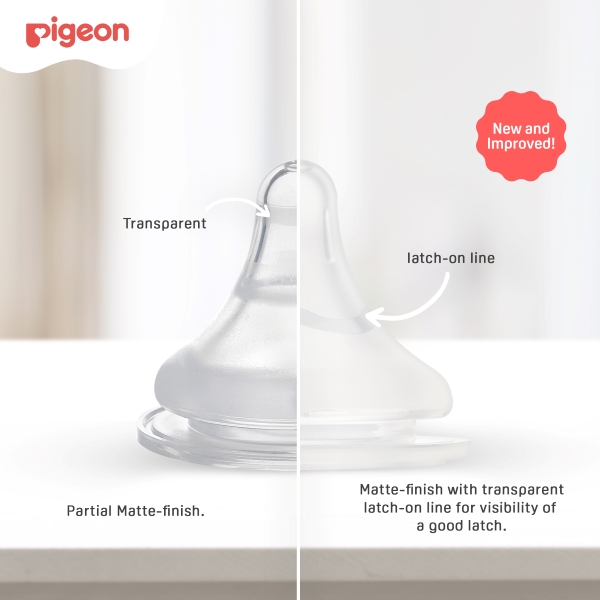 Pigeon SofTouch Wide Neck Teat with innovative latch-on line and matte finish for a secure latch, available at Pigeon Malaysia.
