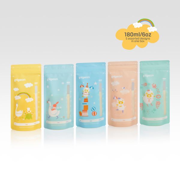 Pigeon Breastmilk Storage Bags with fun, colourful designs, available in 120ml and 180ml sizes, ensuring leak-proof and hygienic milk storage.