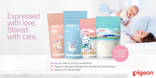 Pigeon Breastmilk Storage Bags, showcasing hygienic and leak-proof storage with secure seals, available at Pigeon Malaysia.