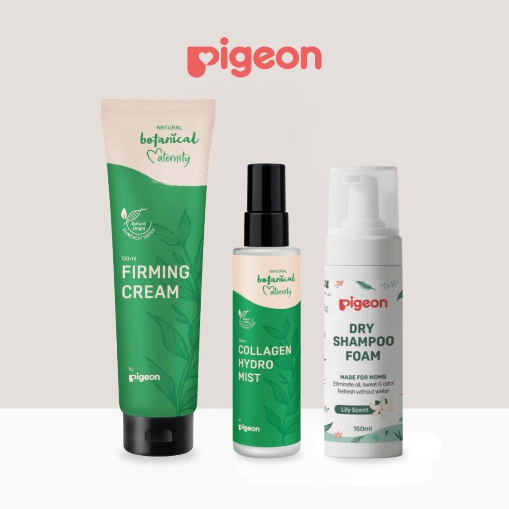 Pigeon Natural Botanical Maternity Set, featuring firming cream, collagen hydro mist, and dry shampoo foam for postpartum care in Malaysia.