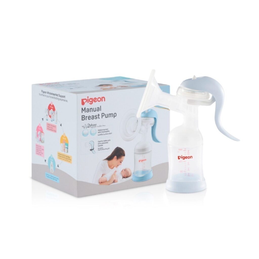 Pigeon Manual Breast Pump with 2-phase expression technology, shown with its packaging for effortless breastfeeding support.