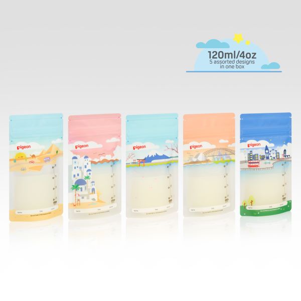 Pigeon 180ml Breastmilk Storage Bags with whimsical animal-themed designs, pre-sterilized and durable for convenient milk storage.
