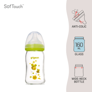 Pigeon SofTouch™ Botol Susu Leher Lebar Kaca Corak Lebah | SofTouch™ Wide Neck Nursing Bottle Glass Bees 160ml