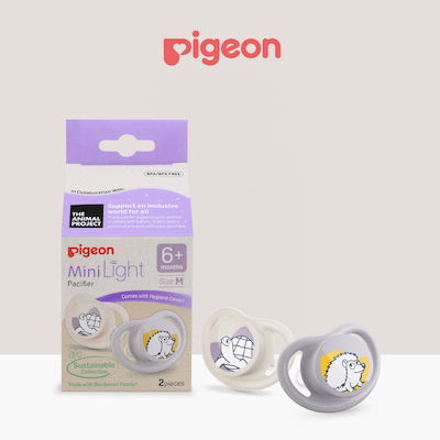 Pigeon MiniLight Pacifier (6+ Months, Sustainable Collection) – Medium-sized baby pacifier with a super soft teat and sustainable materials. Designed with a tortoise and porcupine illustration.