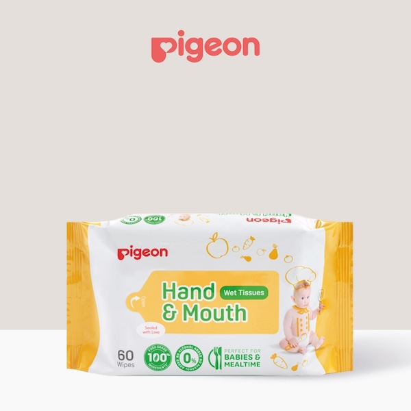 Pigeon Hand & Mouth Wet Tissues (60 Wipes) – 100% food-grade, alcohol-free baby wipes for gentle cleaning. Perfect for quick hygiene on the go, removing food stains safely.
