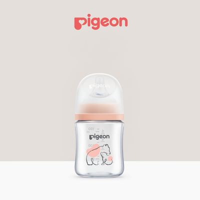 Pigeon baby feeding bottle with pink cap and bear design, designed for smooth transition from breastfeeding to bottle feeding.