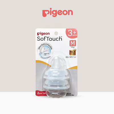 Pigeon SofTouch baby bottle nipple in packaging, size M teat for babies 3 months and above.