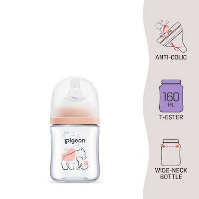 Pigeon T-Ester 160ml wide-neck anti-colic baby bottle with pink cap and anti-colic vent system – designed to reduce gas and discomfort during feeding.