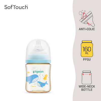 Pigeon SofTouch PPSU 160ml wide-neck anti-colic baby bottle with blue cap and whale design, featuring advanced anti-colic venting system for smoother milk flow.