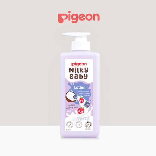 Pigeon Milky Baby Lotion bottle with coconut and milk protein formula for newborn skin hydration and softness.