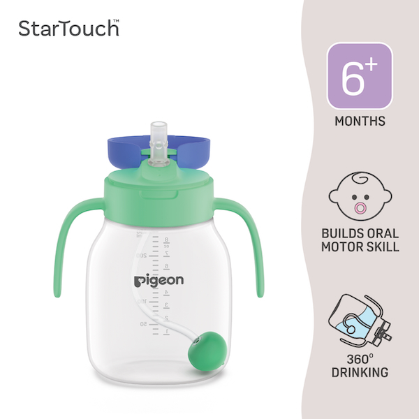 Pigeon StarTouch™ Straw Cup with Gravity Ball Mint to Be 250ml baby water bottle with straw and handle, 360 degree drinking for 6+ months Malaysian babies building oral motor skills.