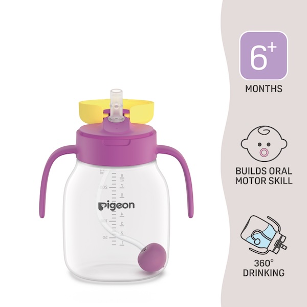 Pigeon StarTouch™ Straw Cup with Gravity Ball in Berry Blast pink 250ml, featuring soft sensory bumps straw, gravity ball for any-angle drinking, ergonomic handles for toddlers 6 months plus.
