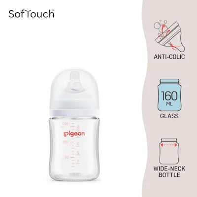 Pigeon SofTouch wide neck glass baby bottle 160ml with anti-colic teat
