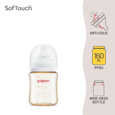 Pigeon SofTouch wide neck PPSU baby bottle 160ml showing the natural honey tint of PPSU plastic
