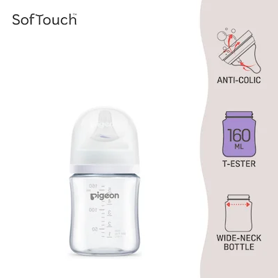 Pigeon SofTouch wide neck T-Ester baby bottle 160ml with glass-like clarity at plastic weight
