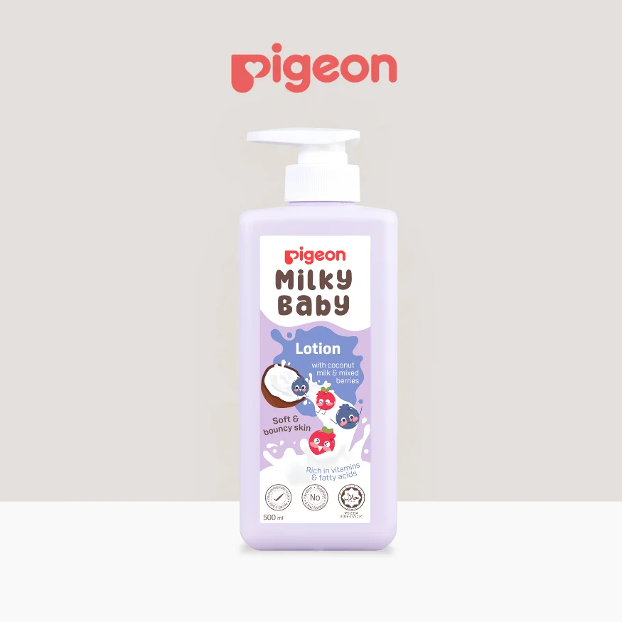 Pigeon Milky Baby Lotion with pump bottle for moisturising and caring for baby's skin after bath time.