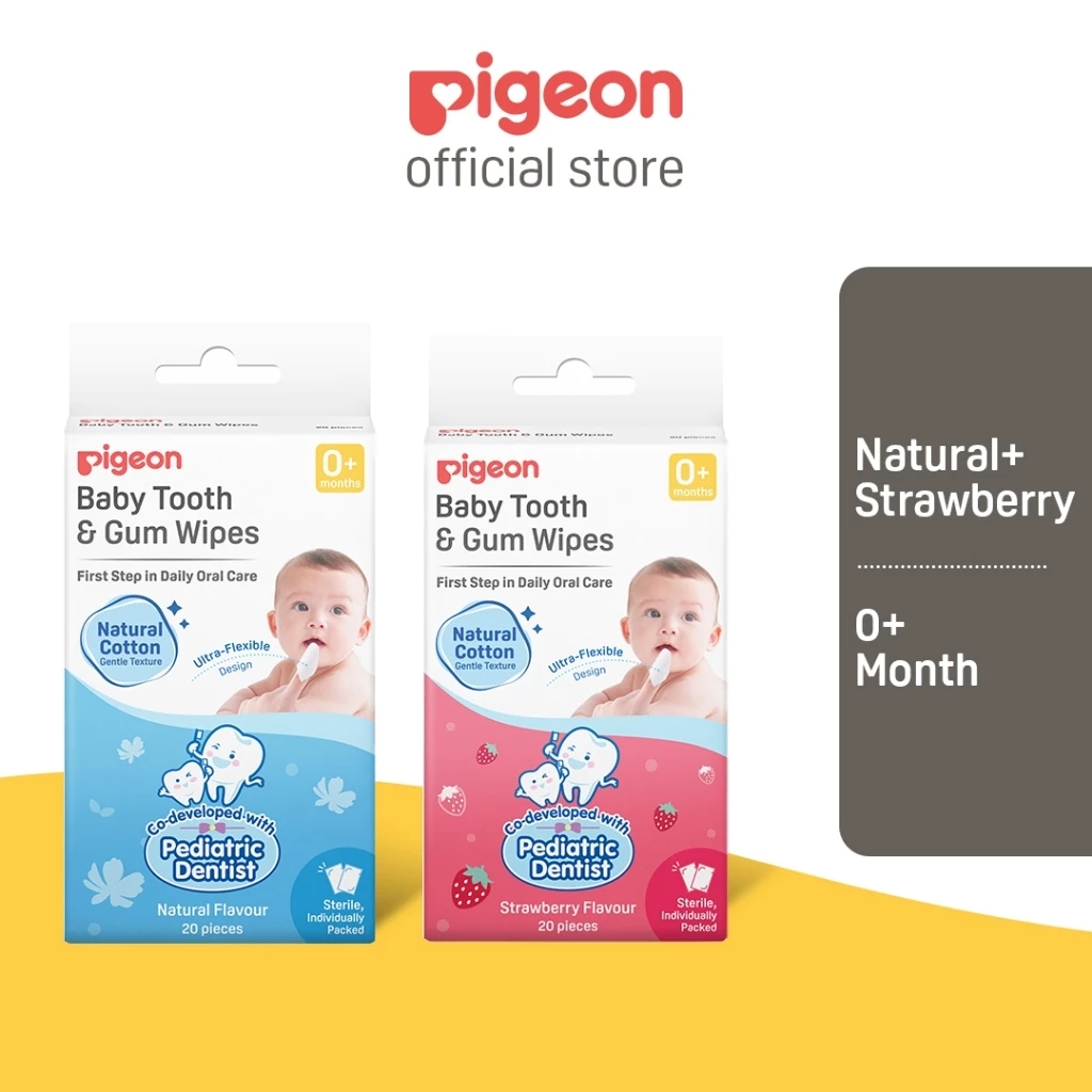 Pigeon Baby Tooth and Gum Wipes in Natural and Strawberry, 20 individually packed wipes for baby oral care from birth
