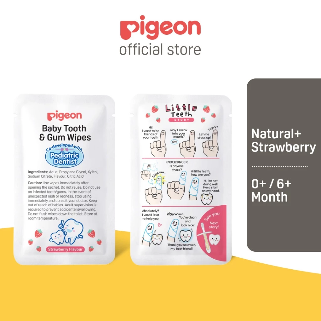 Pigeon Baby Tooth and Gum Wipes strawberry sachet, individually packed for cleaning a baby's gums and first teeth
