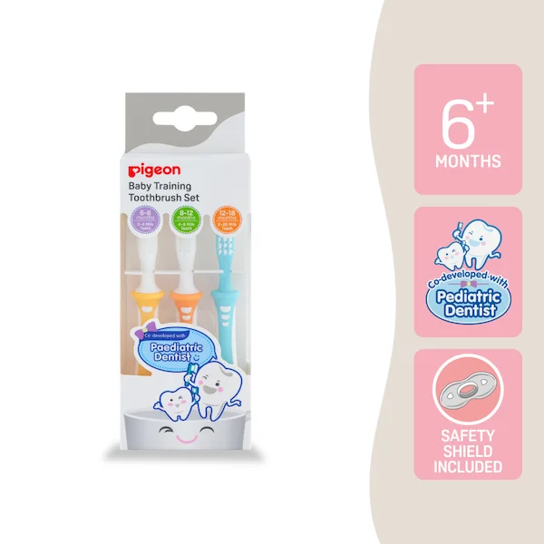 Pigeon Baby Training Toothbrush Set containing Lessons 1, 2 and 3 for each stage from 6 months
